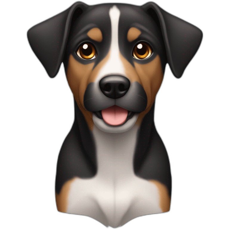 Black small mixed breed dog with down turned ears and brown face accents and a gray snout emoji