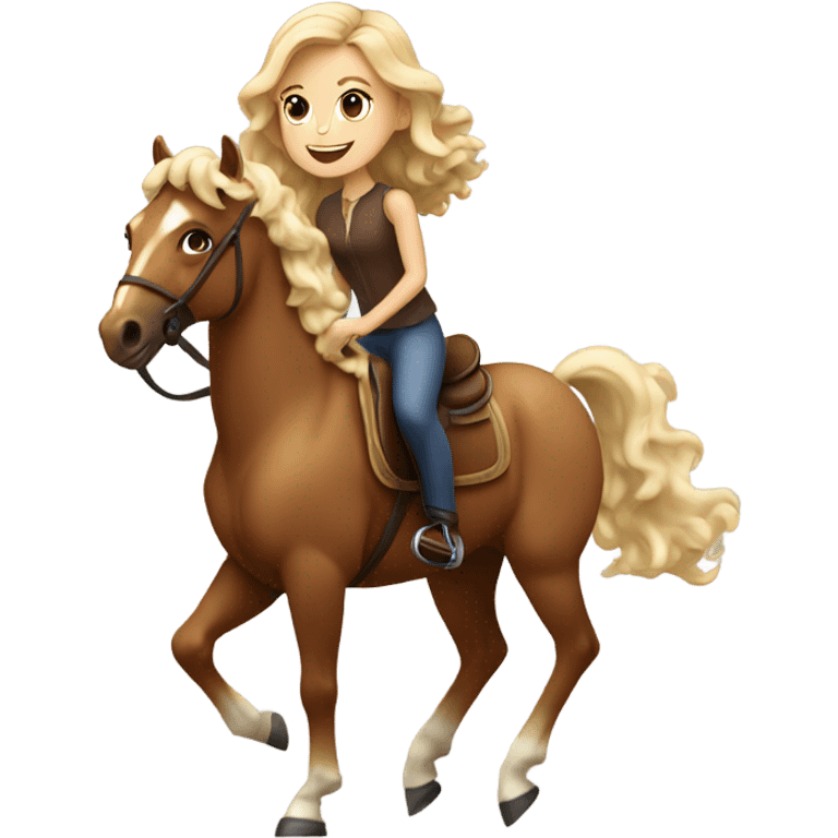 A tan girl with curly blonde hair riding a brown horse with white spots  emoji