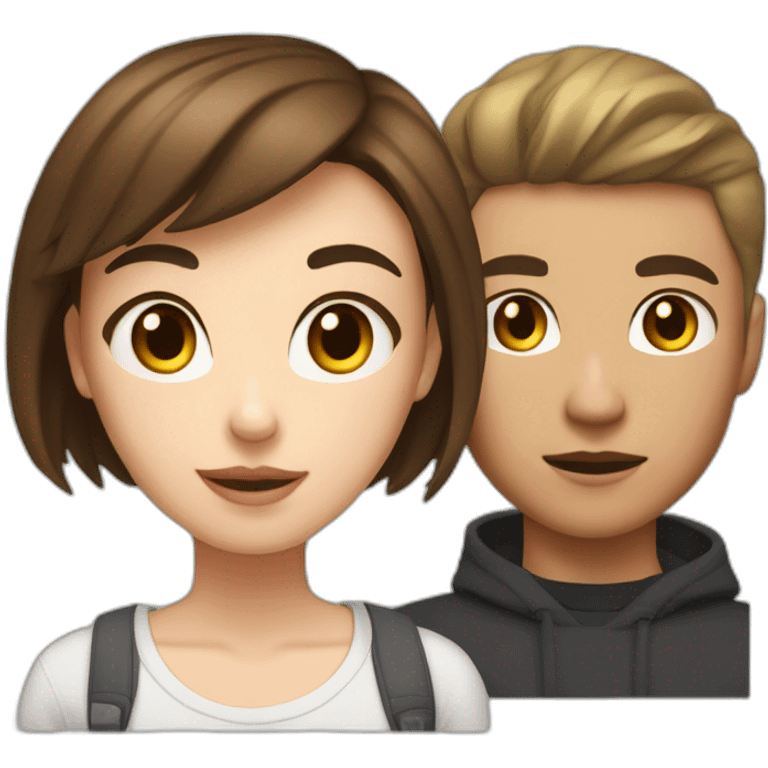 Couple of a white girl with neck-length brown hair and a mixed-race boy with short hair in streetwear. emoji