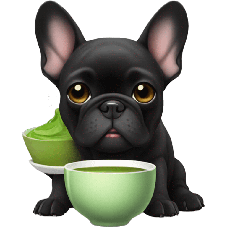 All black French bulldog drinking matcha tea emoji