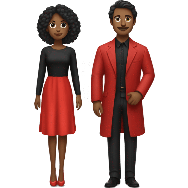 A couple
One figure has long, flowing dark hair, wearing a bright red dress with puffed sleeves, radiating elegance.
The other figure has short, wavy dark hair, dressed in a sleek black shirt, adding a classic, formal vibe.
 emoji