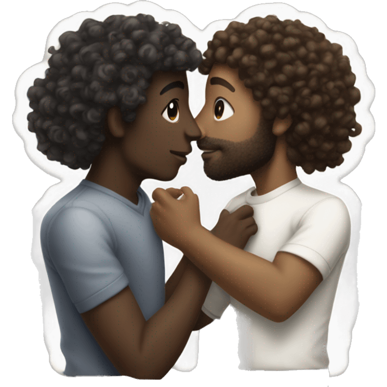 Dark skinned guy curly hair kissing a white guy with silky hair emoji