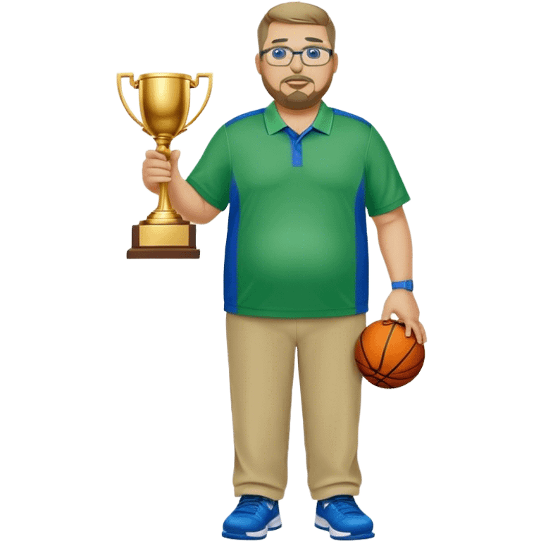  full body white obese male basketball coach with trophy. Goatee , Wearing glasses and blue and green nike polo shirt and khaki pants emoji