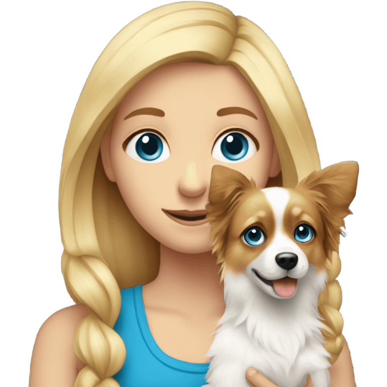 blonde girl with blue eyes holds a papillon dog in her arms emoji