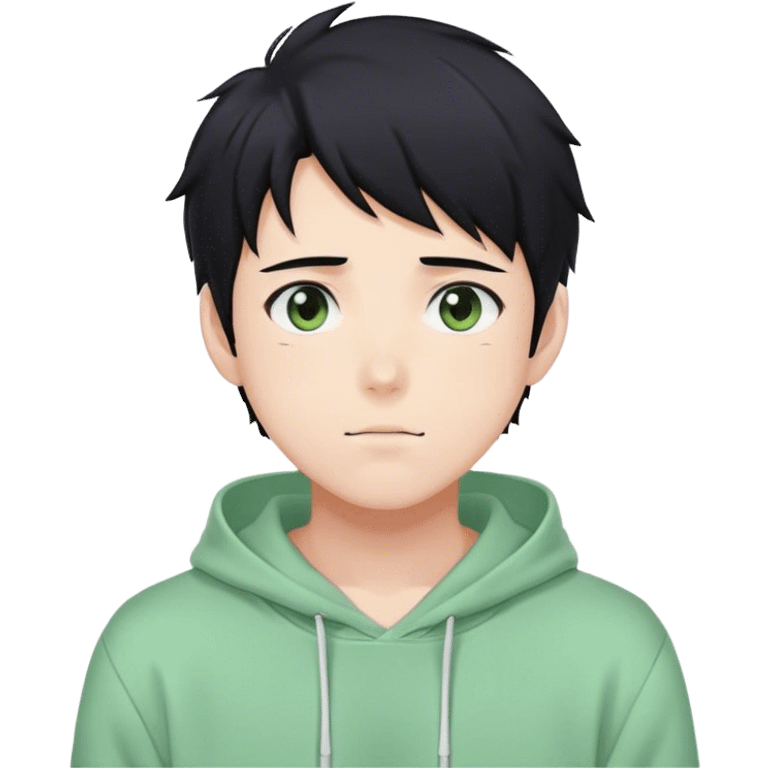 Gorgeous pastel green sweater black hair anime style shojo guy with blushing face and, hoodie, aesthetic, young adult, trending style outside  emoji