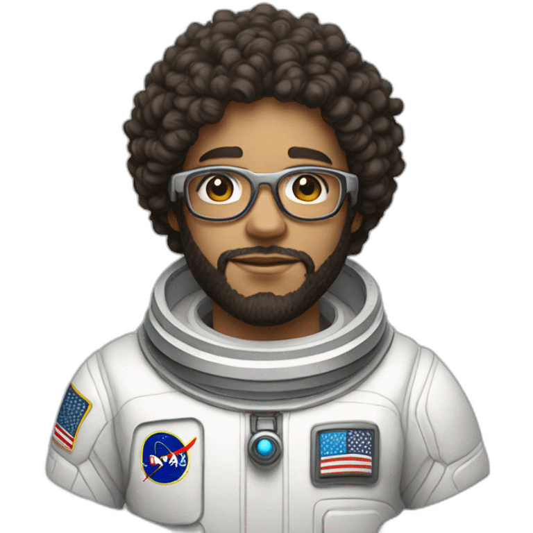 Light skinned Boy with black short curly hear and beard and glasses wearing a white astronaut suit m emoji