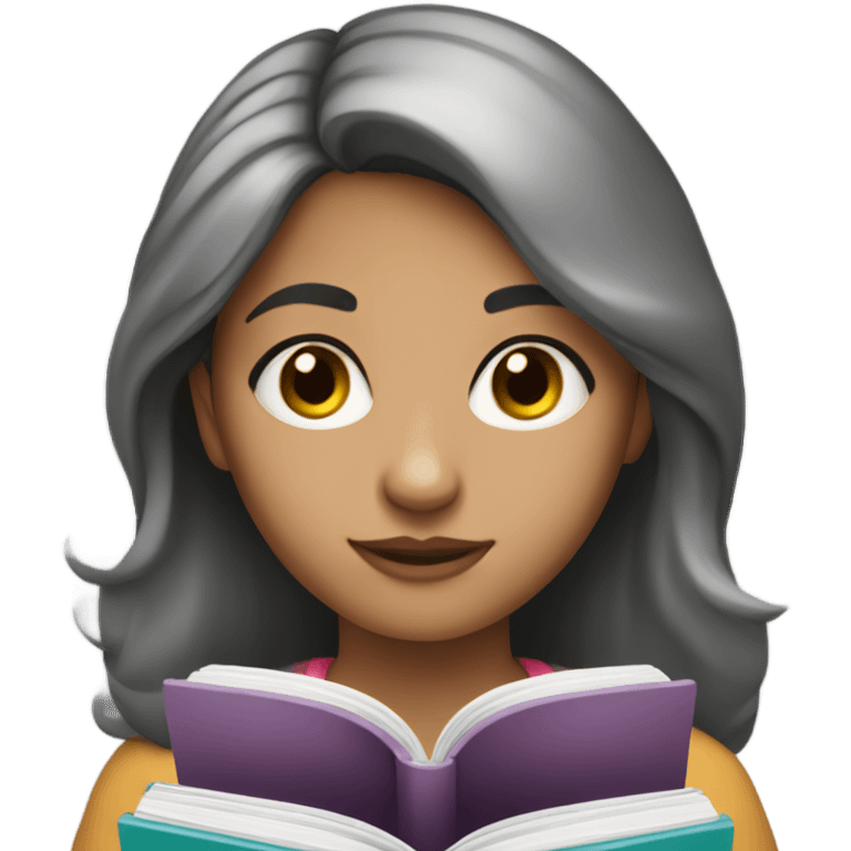 girl reading book, black eyes, Hispanic, grayish hair, wearing classes  emoji