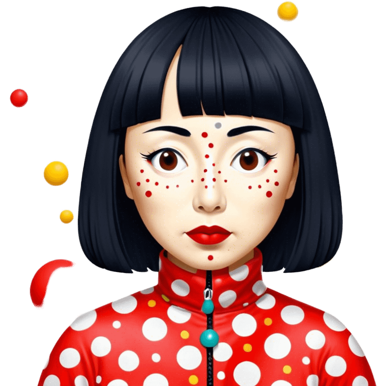 Yayoi Kusama – Cinematic Realistic Portrait of Yayoi Kusama, depicted as an avant-garde artist with an eccentric, captivating expression surrounded by her iconic polka dot patterns, rendered with vivid textures and imaginative lighting that evokes her unique, surreal creative world. emoji