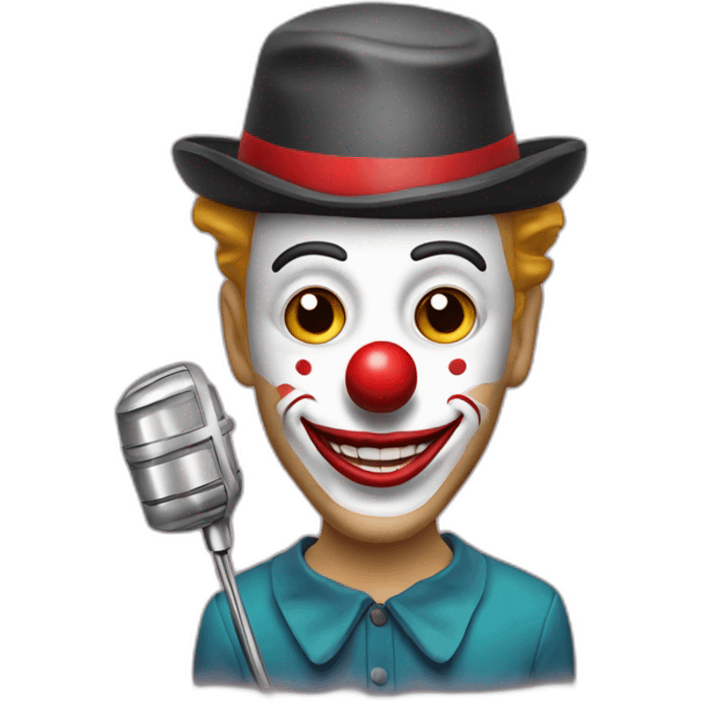 spanish radio presenter with radio station microphone in his hand with his face maked-up as a clown emoji