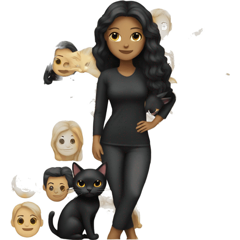 woman with light skin and long black hair holding a black cat emoji