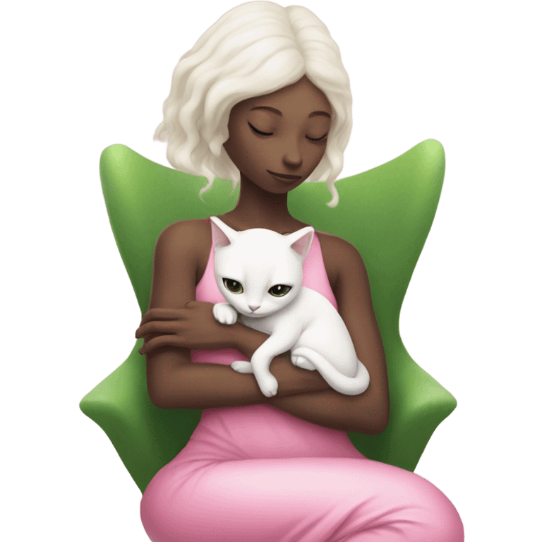 Reptilian alien woman, in meditation pink dress hugs a white cat emoji