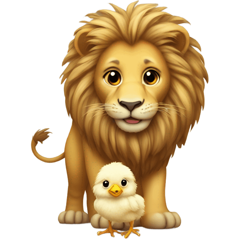 Realistic lion and cute little baby chick emoji