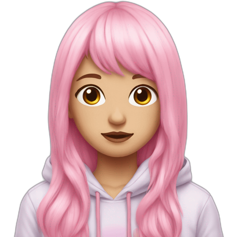 pink pastel long hair, with bangs, hoodie, unicorn emoji