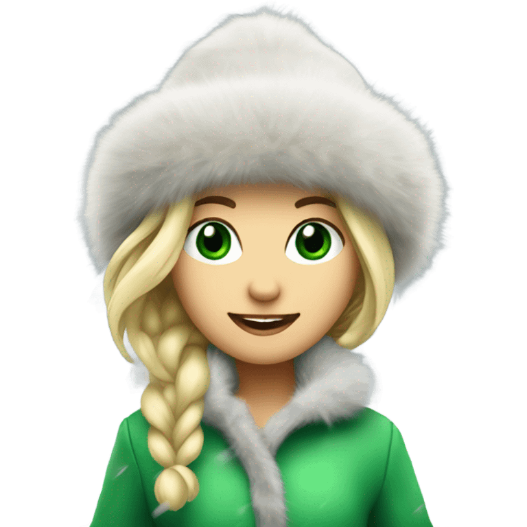 blonde girl with green eyes in a fur hat dancing in the snow full body emoji