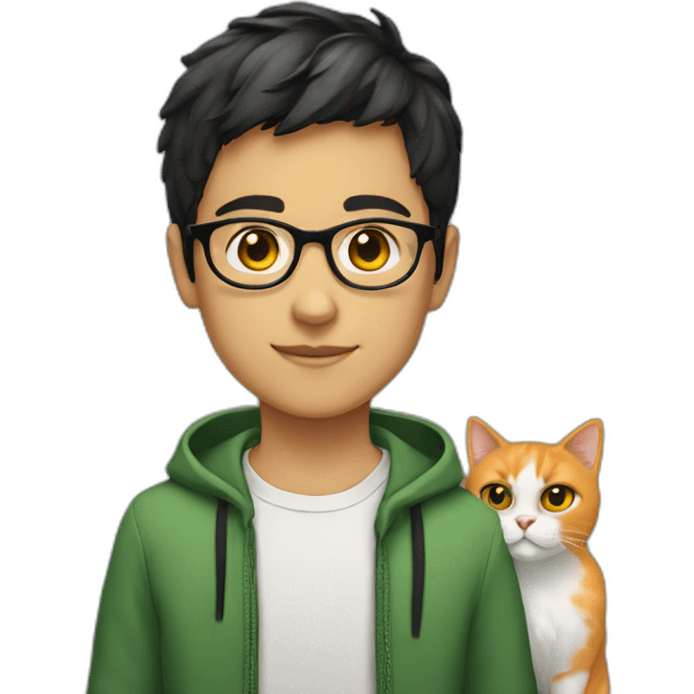 Boy green eyes, glasses, with black short hair, with orange Persian cat emoji