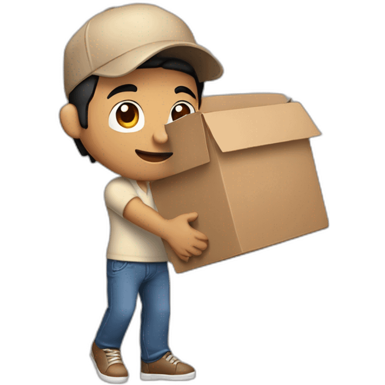 Tan skinned fit Man with black hair in a brown cap, blue jeans and beige polo T-shirt keeping a pasted box into his hands emoji