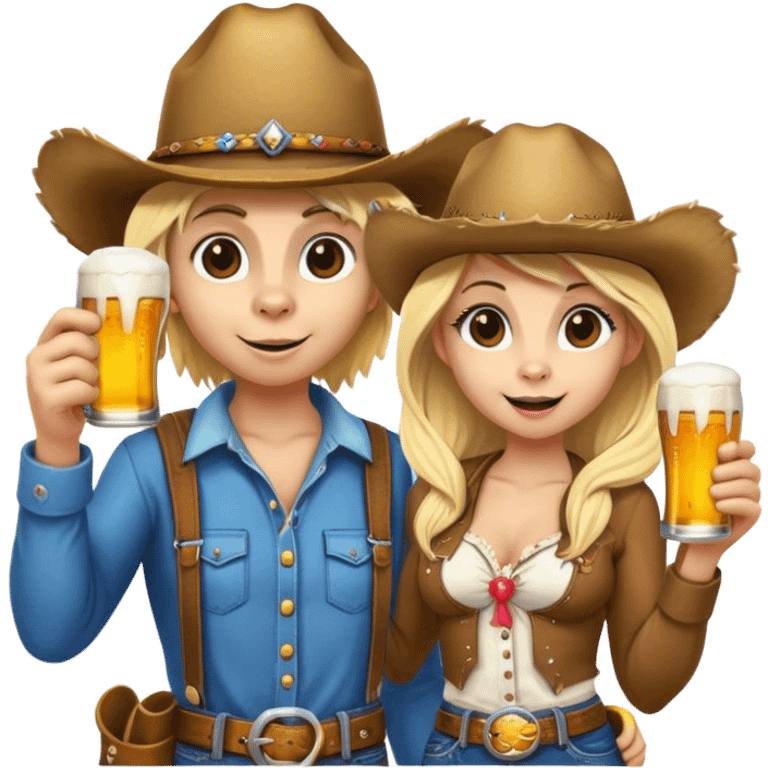 Farmer monkey holding a beer standing next to a blonde girl in cowgirl hat emoji