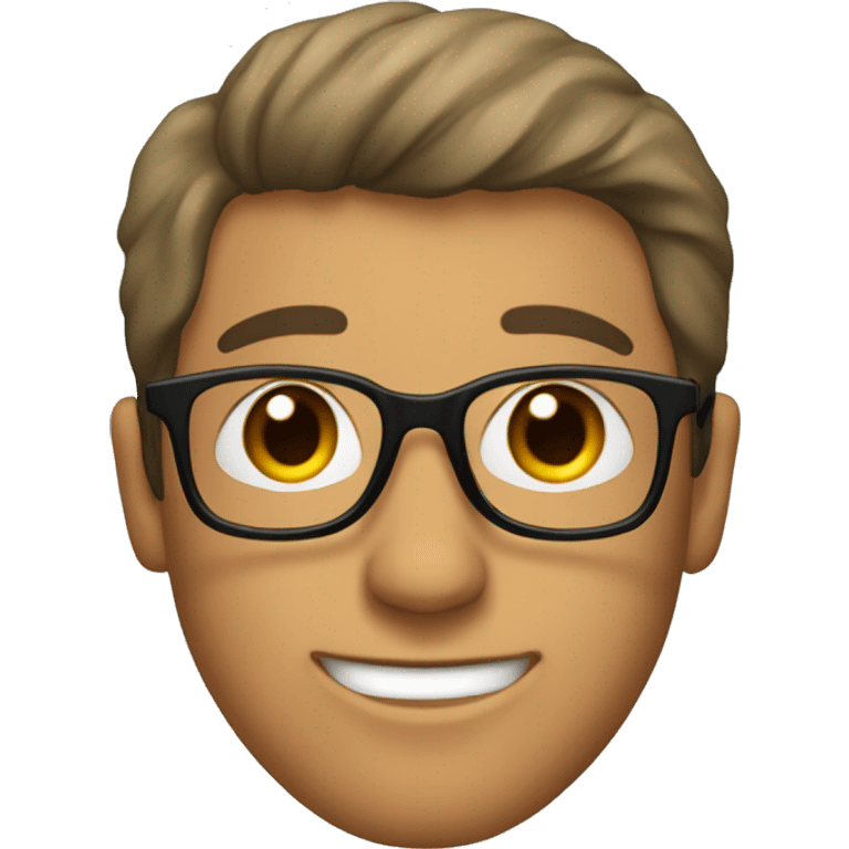 a guy's face with a hair cut called "curtains", black glasses and brown eyes emoji