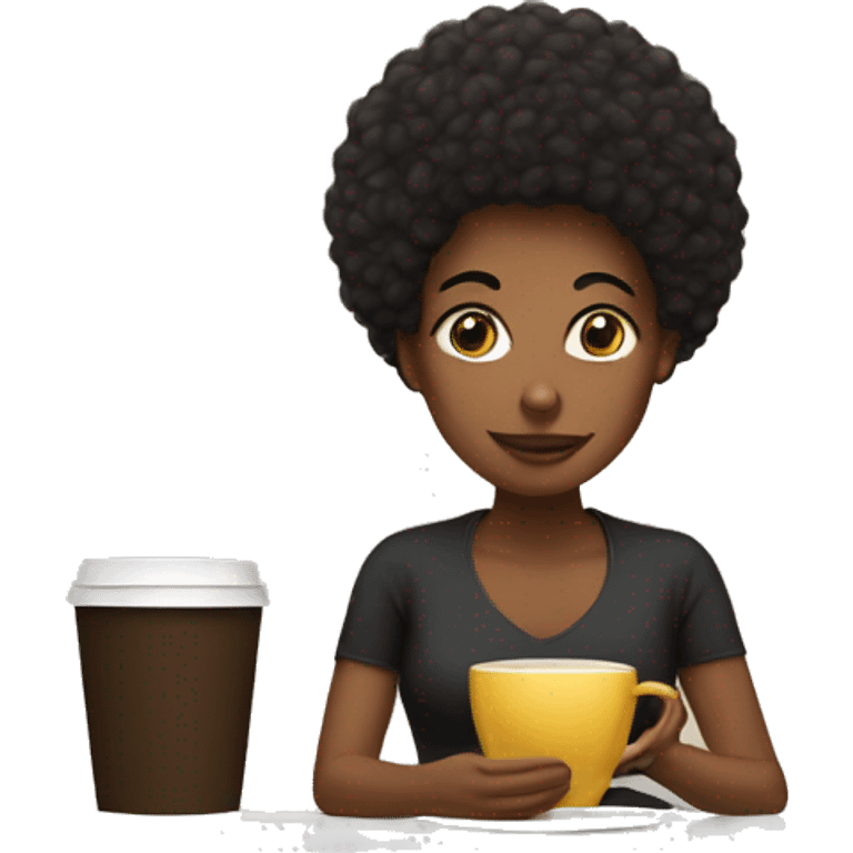 Mujer con. Pelo afro negro tomando café  emoji