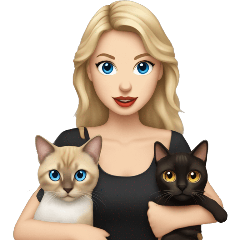 taylor swift with blue eyes holding 3 cats: 1 furry black with yellow eyes, 1 chocolate-point siamese, and 1 tabby-point siamese emoji