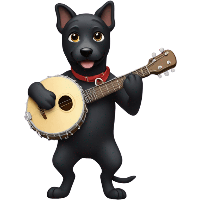 Black dog playing banjo emoji