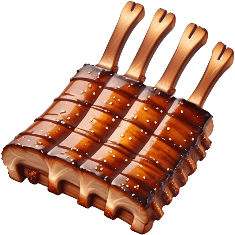 Cinematic Realistic Barbeque Ribs Dish Emoji, depicted as succulent, slow-cooked ribs with a sticky smoky glaze rendered with rich textures and dynamic, appetizing lighting. emoji