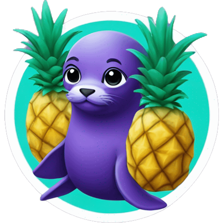 purple-colored seal holding teal-colored pineapple emoji