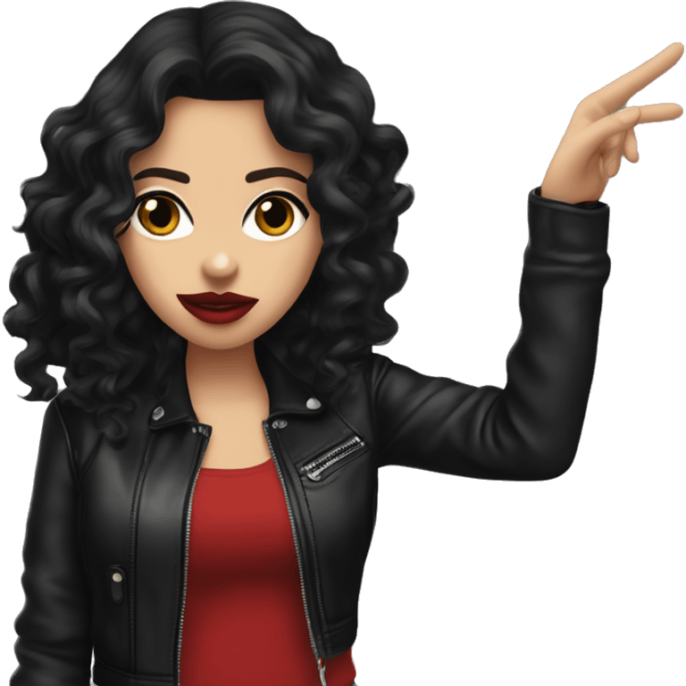 White girl, with long curly black hair, with red lipstick, black winged eyeliner, wearing black shirt and black leather jacket shrugging her shoulders in a gesture that says “I don’t know” emoji