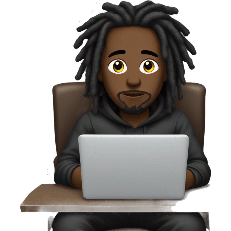 Black-guy-with-dreads-wearing-black-trackstuit-sitting-down-on-chair facing-foward-focused-on-laptop-computer- emoji