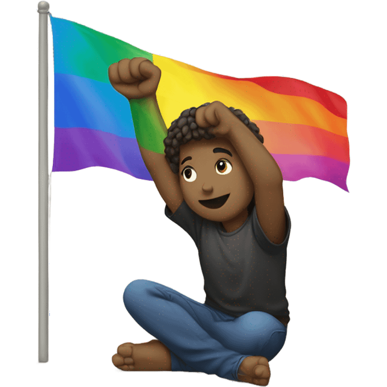 Person holding fist up kneeling on ground rainbow flag behind emoji