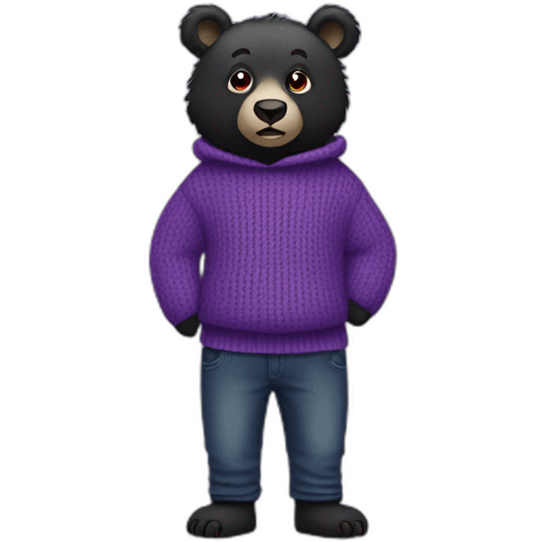 black bear in a purple sweater and purple-black jeans with purple-red eyes emoji