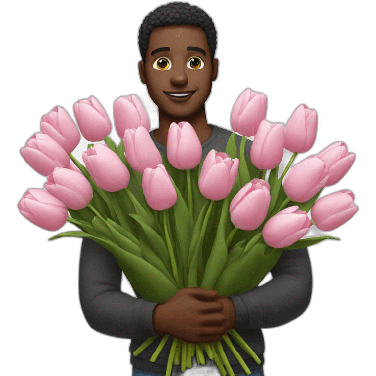 Black man with a huge bouquet of pink and white tulips in his arms emoji