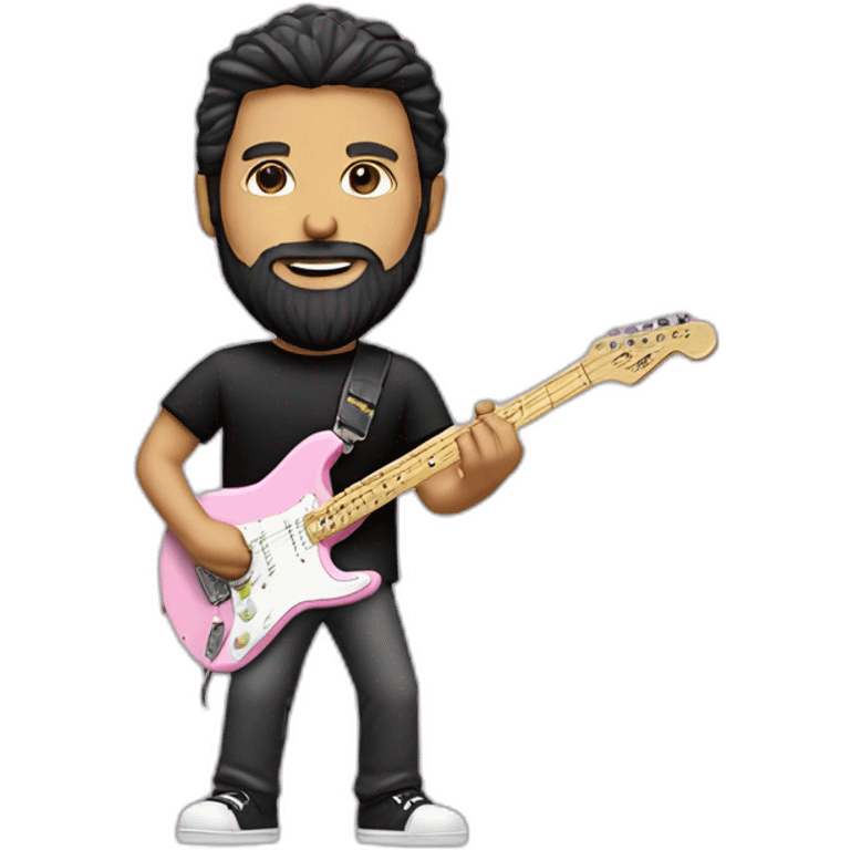 white man with dark beard and black t shirt and pastel pink stratocaster electric guitar emoji