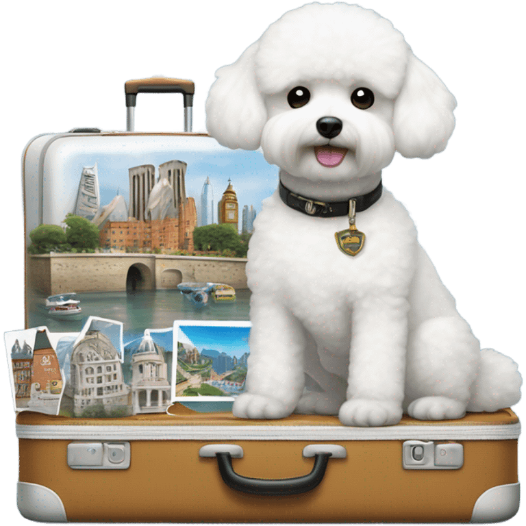 ABichon Frise standing next to a suitcase filled with iconic places stickers on the suitcase  emoji