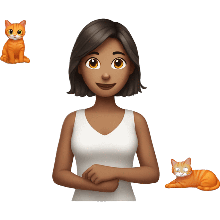 pretty brunette woman holding orange cat emoji