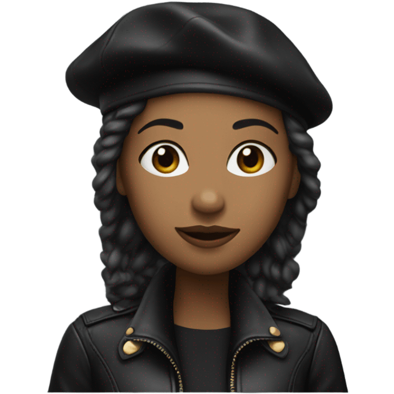 An African American woman wearing a black leather jacket and black beret emoji