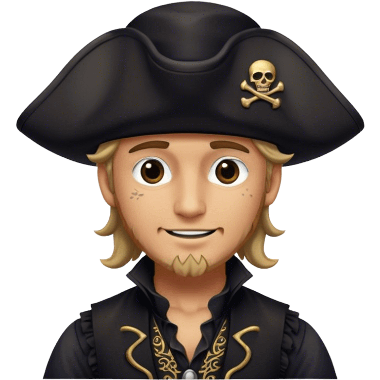 A kindhearted pirate in a black ruffled shirt, black waistcoat, and an ornate black hat, his friendly gaze welcoming emoji