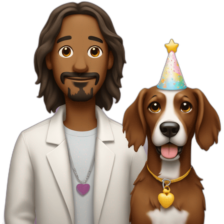 Snoop dog with a shaggy brown dog. He has a birthday cake emoji