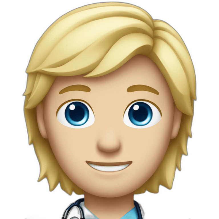 doctor with blond hair and blue eyes and red face emoji