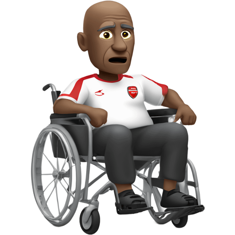 old black bald man with a round pot belly in wheelchair. angry face. grey stubble. he is pointing finger in front. wearing Arsenal soccer shirt. white word bubble emoji