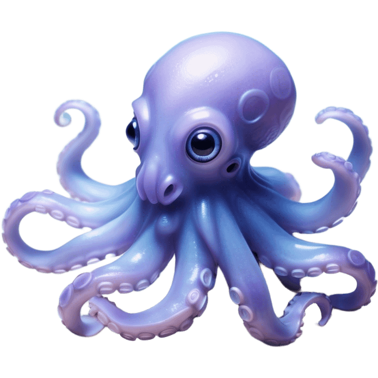 Cinematic Noble Baby Octopus Portrait Emoji, Poised and graceful, with a soft, rounded, slightly translucent body in a dreamy light blue-purple hue, large, glistening eyes full of quiet intelligence and mystery, delicate, flowing tentacles curling gently, Simplified yet sophisticated features, highly detailed, glowing with a soft, ethereal oceanic radiance, high shine, elegant and serene, stylized with an air of deep-sea wonder, focused and tranquil, soft glowing outline, capturing the essence of an otherworldly, intelligent little cephalopod, floating effortlessly in the gentle ocean currents! emoji