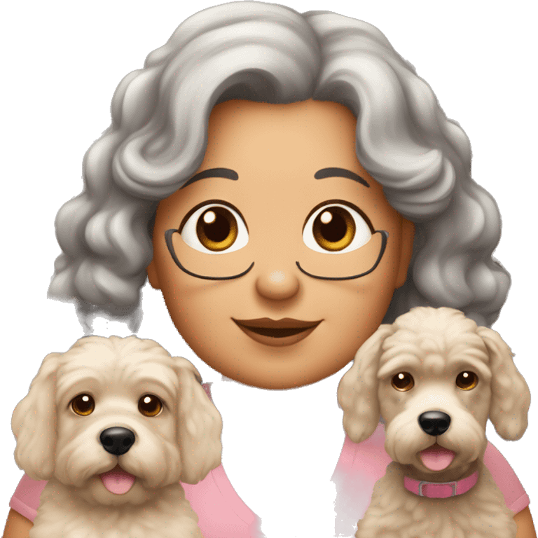 50 year old chubby woman with 03 dogs being a black poodle, a big ear caramel and a baby shorthair caramel emoji