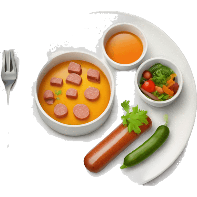 appetite lunch with soup, sausage and vegatables in the plates. Juice in glass. emoji