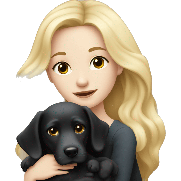 pretty woman with pale skin, very long blonde hair hugging a black dog emoji