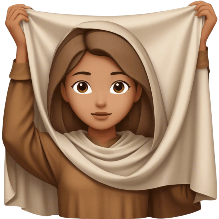 girl in brown tunic holding up a large piece of white cloth lying down, medieval age emoji