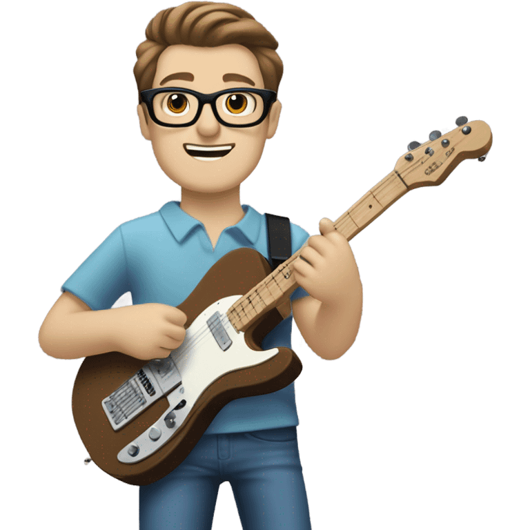 A nerdy white guy with glasses with short brown hair with a small quiff playing a blue classic telescaster emoji