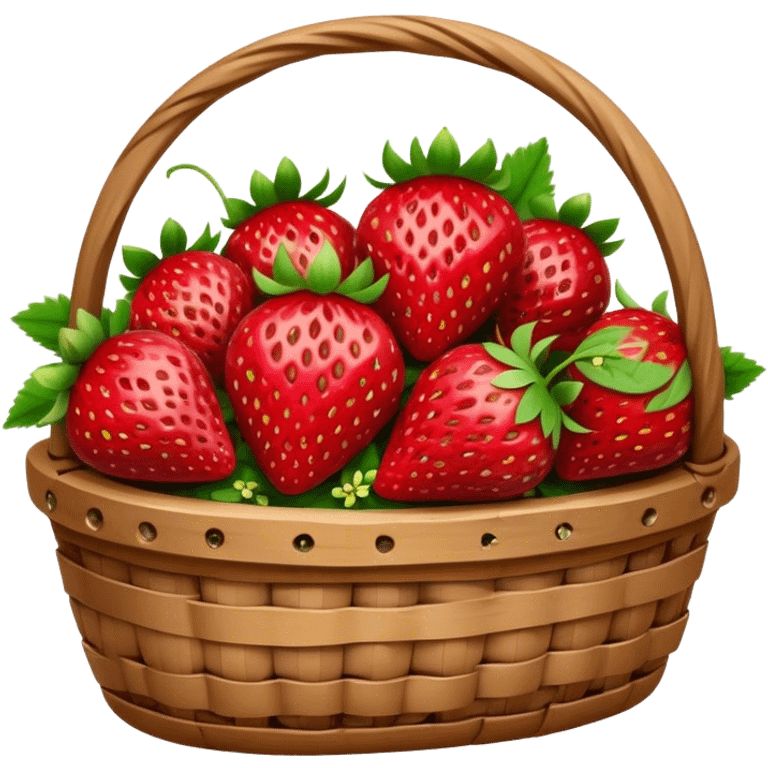 Cinematic ripe strawberrie, deep red, glossy with tiny seeds, green leaves still attached, gathered in a rustic basket, warm glowing background, fresh and sweet. emoji