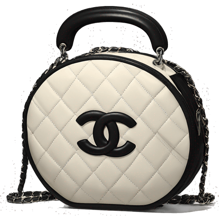 Round black Chanel bag with top handle chanel logo top middle emoji