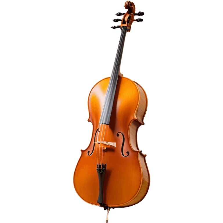 Create an elegant and refined emoji representing a Cremona 4/3F 4/4 cello with bow. The design should feature the distinctive, finely crafted body of the cello, highlighting its rich wooden finish and gracefully curved shape. The bow should be included, with visible horsehair and a polished wooden stick. Add subtle details like tuning pegs and strings to emphasize the precision and craftsmanship of the instrument. Use warm wood tones, deep brown, and soft metallic accents to reflect the high quality of the Cremona cello. The background should be transparent. emoji