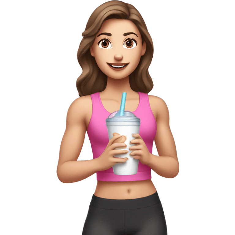 Brown haired white girl in pink croptop drinking protein shake emoji